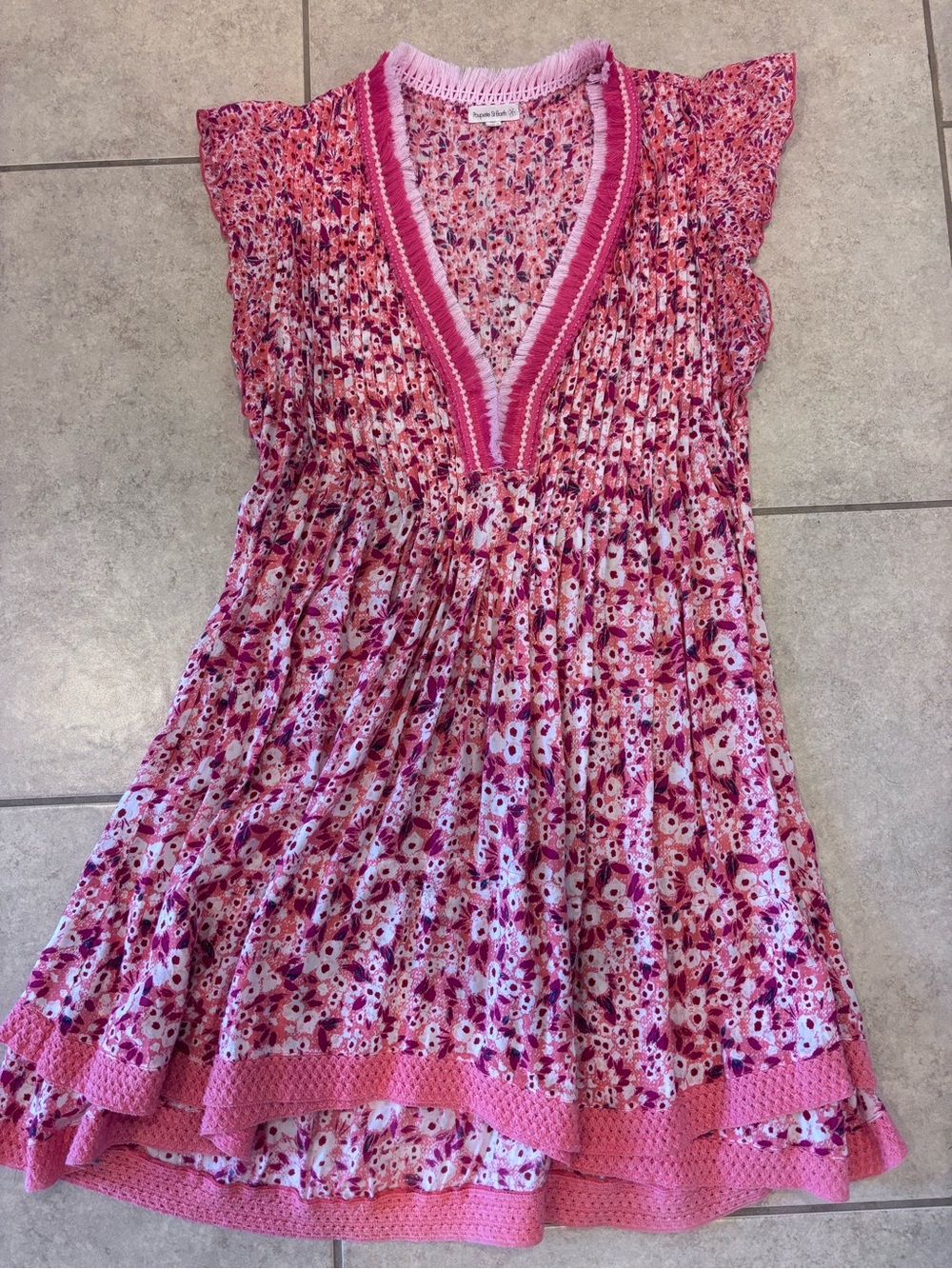 Poupette St. Barth Pink Floral V-Neck Ruffled Cotton Dress